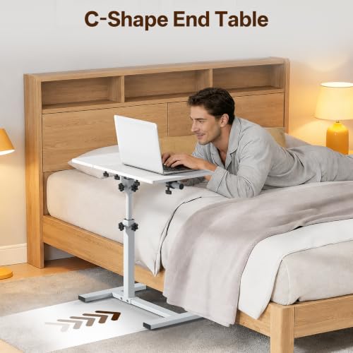 Overbed Table with Wheels Rolling, Adjustable Mobile Bedside Desk | Flip-Top, Laptop Table, C Shaped End Side Table for Couch, Sofa, Bed, Recliner and Home Use, Large White - color: Large White