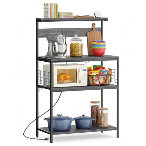 Simple Deluxe Kitchen Bakers Rack with Power Outlet, Coffee Bar Accessories Table, 4-Tier Adjustable Storage Shelf for Spices, Freestanding Appliance Organizer, 31.5 Inch, Gray - color: Grey, size: 31.5 inch