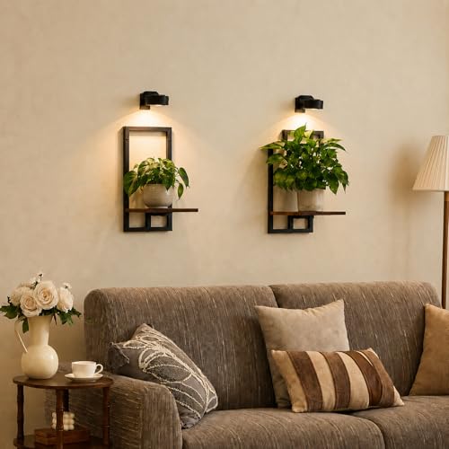 Floating Shelves for Plants with Grow Lights, Remote Control Indoor Plant Holder Stand for Bedroom, Living Room, Bathroom, Kitchen, Rustic Brown (2, Rustic Brown) - color: Rustic Brown