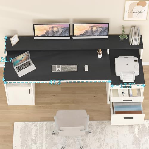 YOMILUVE 65 Inch Computer Desk with 3 Drawers & Storage Shelves, Executive Desk with File Drawer & Cabinet, Home Office Desk with Long Monitor Stand & Printer Shelf, Black & White - color: Black & White