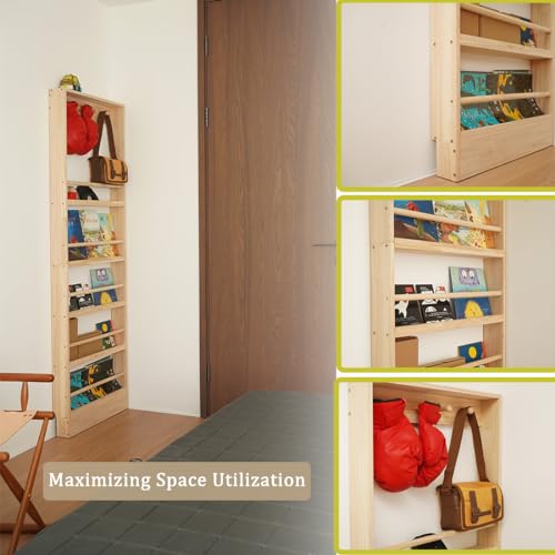 Wooden Kids Bookshelf, Wall Mount Shelf with Hooks, Organizer for Toys and Books, Space-Saving