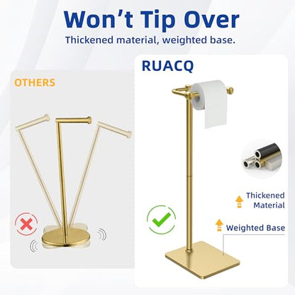 RUACQ Bathroom Toilet Paper Holder Stand, Brushed Gold | Dual-Post Pivoting Free Standing Toilet Roll Holder with Weighted Base, Anti-drop Design 304 Stainless Steel Tissue Stand - color: Brushed Gold, size: Free Standing