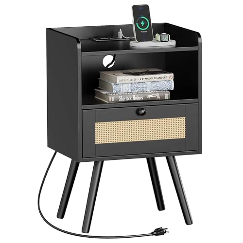 SUPERJARE Nightstand with Charging Station & Rattan-Like Decor Drawer, Rattan End Table with Solid Wood Feet, Bed Side Table with Open Storage, for Bedroom, Living Room, Dormitory - Black - color: Black, size: 11.8"D x 15.9"W x 23.4"H (1 Drawers)