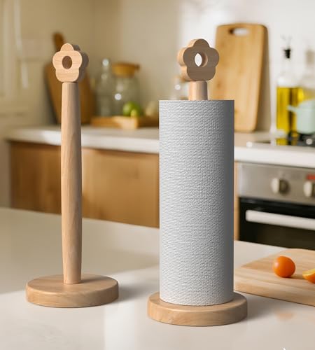 KitchLife Cute Wooden Paper Towel Holder for Countertop with Weighted Base – Solid Freestanding Paper Towel Stand Dispenser with Anti-Slip Base, Flower Top - style: Flower