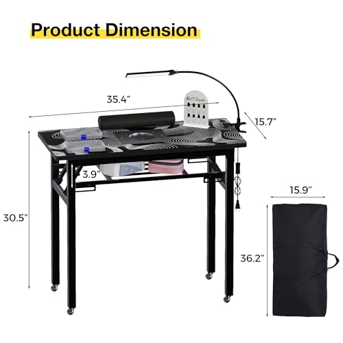 Portable Foldable Manicure Table with Dust Collector, Rolling Nail Tech Desk with LED Lamp, Wrist Rest, Lockable Wheels & Carrying Case for Home Salon, Travel & Mobile Nail Techs (Black White Wave) - color: Black White Wave