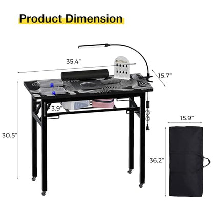 Portable Foldable Manicure Table with Dust Collector, Rolling Nail Tech Desk with LED Lamp, Wrist Rest, Lockable Wheels & Carrying Case for Home Salon, Travel & Mobile Nail Techs (Black White Wave) - color: Black White Wave
