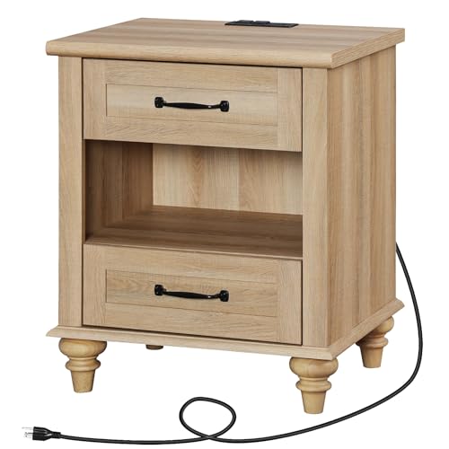 WAMPAT Farmhouse End Table Nightstand with Charging Station, Small Side Table with 2 Drawers for Living Room, Light Wood Night Stand Bedside Table for Bedroom, Oak - color: Oak