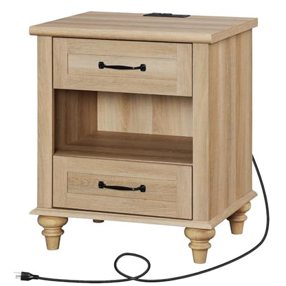 WAMPAT Farmhouse End Table Nightstand with Charging Station, Small Side Table with 2 Drawers for Living Room, Light Wood Night Stand Bedside Table for Bedroom, Oak - color: Oak