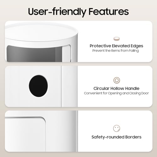3 Tier Round Bedside Table, Round Storage Cabinet, Narrow Storage Cabinet for Bedroom Living Room Small Spaces (White) - color: White
