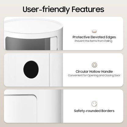 3 Tier Round Bedside Table, Round Storage Cabinet, Narrow Storage Cabinet for Bedroom Living Room Small Spaces (White) - color: White