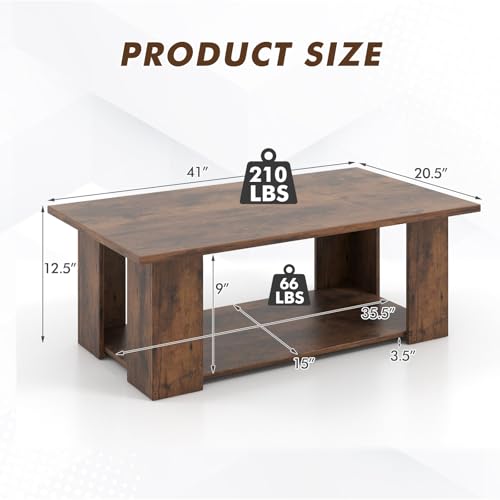 Tangkula 2-Tier Coffee Table, Modern Rectangular Center Cocktail Table with 5 Support Legs, Wooden Accent Living Room Furniture, Small Coffee Table for Small Spaces, Easy Assembly (Rustic Brown) - color: Rustic Brown