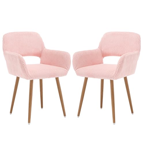 KCC Small Modern Dining Room Arm Chairs for Kitchen Set of 2,Pink | Mid-Century Upholstered Corduroy Fabric Side Seat Club Guest with Metal Tube Legs - color: Corduroy Pink, size: Set of 2