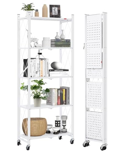 DEANIC 5-Shelf Folding Bookcase with Wheels, Rolling Bookshelf Heavy Duty Storage Shelves, Freestanding Metal Wire Shelving Unit for Living Room, Office, Kitchen, Basement, Pantry (White) - color: White, size: Compact 5 tier