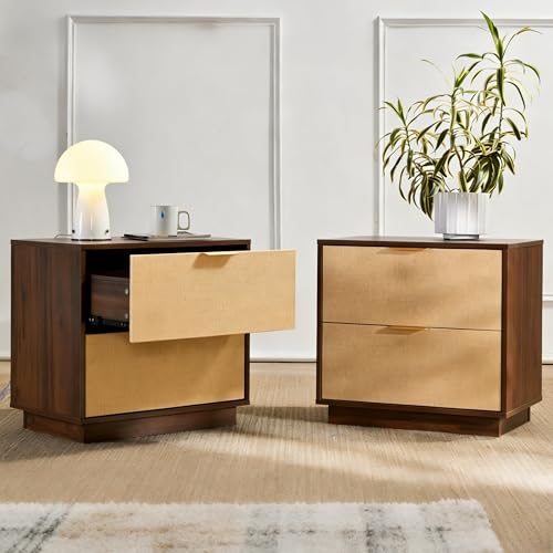 Saint Mossi Rattan Nightstands Set of 2 - Boho Bed Side Tables with 2 Storage Drawers, Mid Century Modern Sofa End Tables for Living Room, Walnut Finish with Golden Handle, W23xD15xH21 - size: 2 Set 2 Drawer