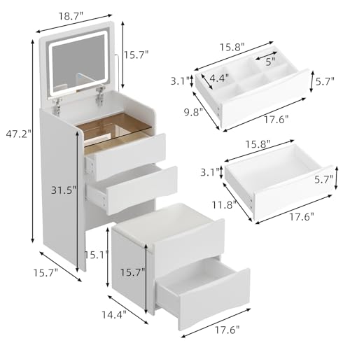 FUFU&GAGA Vanity Desk with Flip Top Mirror and Lights, Small Makeup Vanity Set with Glass Shelf, Space Saving Dressing Table with 3 Drawers & Cushion Stool for Bedroom, White 18.7”W x 15.7”D x 47.2”H