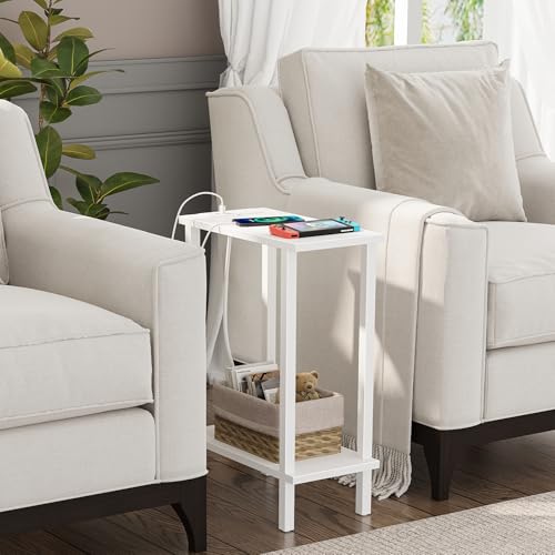 TUTOTAK Narrow Side Table Set of 2, Small End Table with Charging Station | 2-Tier Skinny Sofa Table, Slim Nightstand, Easy Assembly for Living Room, Bedroom, White TB01BW0602 - color: White, size: 2-tier