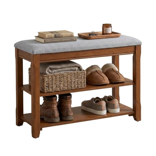 Solid Wood Shoe Bench with Storage, Flip-Top Soft-Close Lid, Adjustable Shelves, Cushioned Entryway Shoe Rack Organizer, 23.6" - size: 23.6"