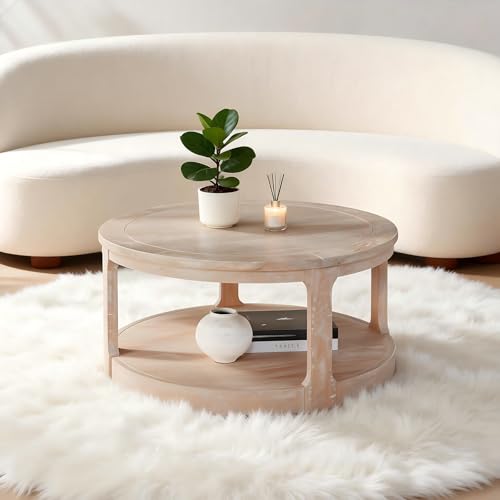 Coffee Table Round 40 inch for Living Room Modern 2-Tier Solid Wood Desktop Coffee Tables with Stroage Casters Circle Drum Tea Wooden Handcraft Home Furniture for Apartment Easy Assembly Oak - color: 40 Oak 2-tier