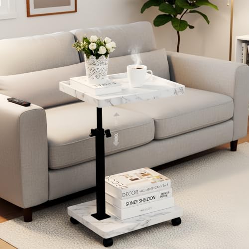 C Table End Table Adjustable Height,C Shaped End for Couch，Snack Tables,360°Swivel TV Tray Sofa Table,Tables that Slide Under,Coffee SideTable for Bed,Chair,Bath-tub (White Grain Color) - color: White Grain Color