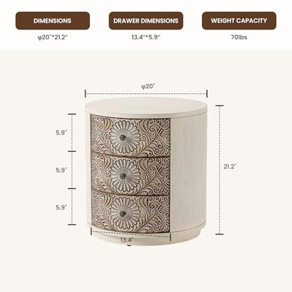 COSIEST 3 Drawer Chest of Drawers, 20 inch MDF Round Storage Cabinet, Retro Whitewash Finish Nightstand, Wood Bedside Table with Drawers for Bedroom Living Room,Light Gray - color: Wood Color-round-carved