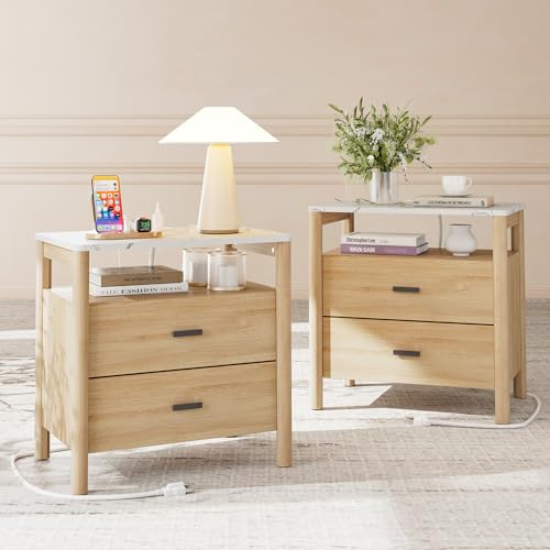 Night Stand Set 2, 23" Nightstands Set of 2, Modern Nightstand with Charging Station & Faux Marble Top, 2 Drawer End Table with Solid Round Post Legs, Bedside Table for Bedroom, Natural Oak - color: Natural Oak + Faux Marble Top, size: 24''W x 15.7'D x 24