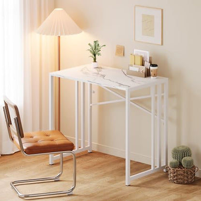 Lutown-Teen 35 inch Folding Small Desk, Writing Gaming Computer Camping Desk for Small Spaces, No Assembly Required Home Office Table, White Marble - color: White Marble, size: 35 Inch
