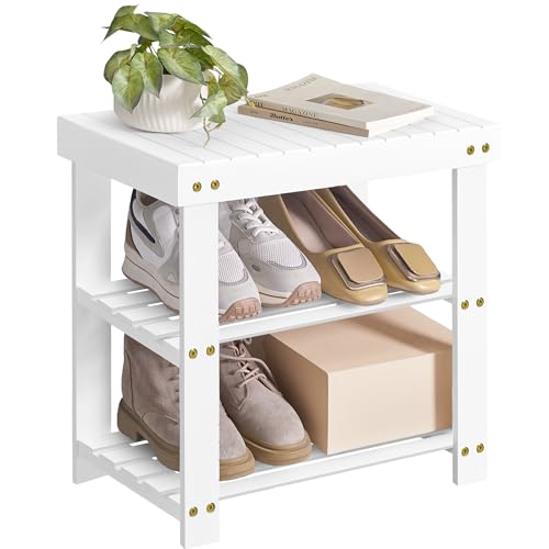 SONGMICS Shoe Rack Bench, 3-Tier Bamboo Shoe Storage Organizer, Entryway Bench, Holds Up to 286 lb, 11.3 x 19.7 x 17.8 Inches, for Entryway Bathroom Bedroom, Cloud White ULBS001W01 - color: Cloud White, size: 19.7"W