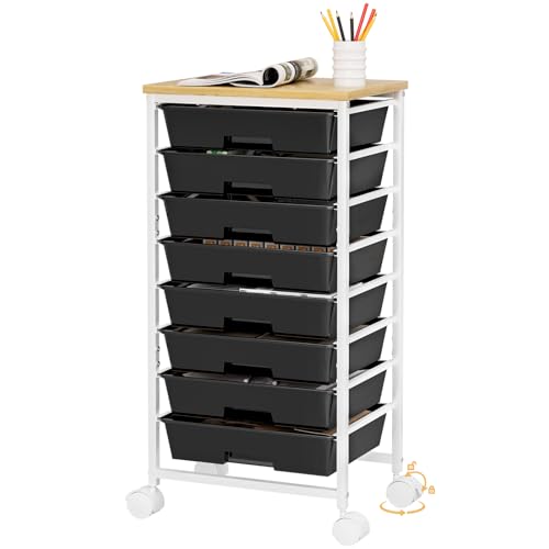 Homde Rolling Storage Drawer Cart: 8-Drawer Sort to Clear Desk & Dresser Clutter - Anti-Fall Smooth Glide Prevents Spill-Out During Daily Grab - Lockable Wheels Keep It Steady - color: Black