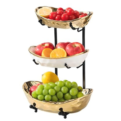 YYW 3 Tier Fruit Bowl for Kitchen Counter, White Gold Silver Ceramic Fruit Stand for Countertop, Home Fruit Rack with Metal Holder, Vegetable Snacks Nuts Bread Candy Storage (Gold (Black Holder）) - color: Gold (Black Holder）