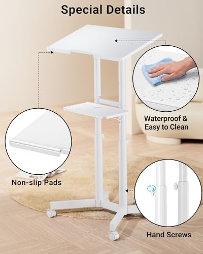 BONTEC Lecterns & Podiums Portable Mobile Standing Laptop Desk, Height Adjustable, Sit Stand, Home Office Classroom Pulpit Stand Up Desk Workstation, Rolling Table Laptop Cart with Storage Tray, White - color: White