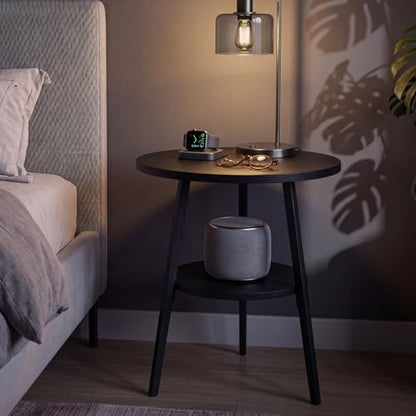 Small Round Side Table, End Tables Living Room, Black | 2-Tier Side Table with Storage Shelf for Small Spaces, Bedside Accent Table for Living Room, Bedroom, Metal Frame & Wood Top - color: Black Ash