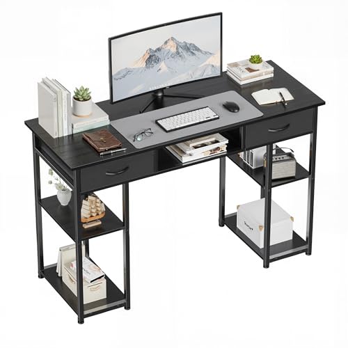 OLIXIS 48 Inch Desk with Storage Fabric Drawers, Home Office Computer Desk for Small Space Bedroom, Modern Study Work Gaming Writing PC Table, Finish for Compact Rooms, Black - color: Black, size: 48 in