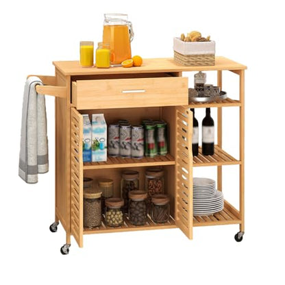 Bamboo Kitchen Island Cart with Storage, Rolling Butcher Block | Large Drawer, 2-Door Cabinet, 3-Tier Open Shelves, Towel Rack, Wheels Included; For Dining Room, Apartment, Small Spaces - size: 41”Lx16”Wx35”H