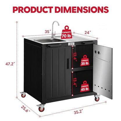 Feasto Outdoor Kitchen Island with Stainless Steel Sink and Storage Cabinet, 35-Inch BBQ Prep Station with Faucet & Lockable Wheels for Patio, Backyard, and Outdoor Cooking, Black & Silver - size: Outdoor Kitchen Sink Station