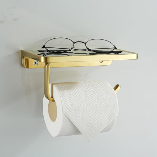 RANDOM Brushed Gold Toilet Paper Holder with Shelf Wall Mount Toilet Paper Roll Holder Solid Metal Toilet Tissue Holder Gold.RD93008BG - color: B-brushed Gold