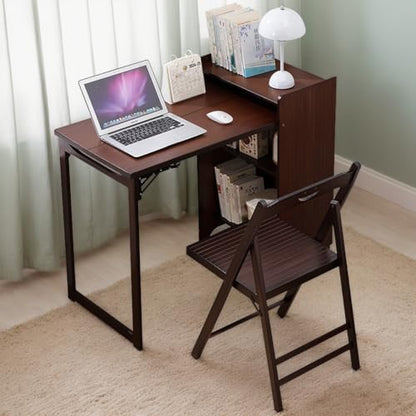 Folding Out Desk with Storage, Expandable Hidden Desk, Space-Saving Pull Out Murphy Table, Writing Table with Shelves and Mobile Wheels for Home Office, Bedroom Dorm Room Small Spaces (Walnut) - color: Walnut