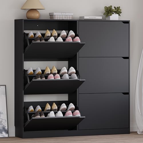 BORNOON Shoe Cabinet with 6 Flip Drawers, Slim Narrow Shoe Storage Cabinet, Freestanding Shoe Organizer for Entryway, Hallway, Foyer - color: Black, size: 6 Drawers