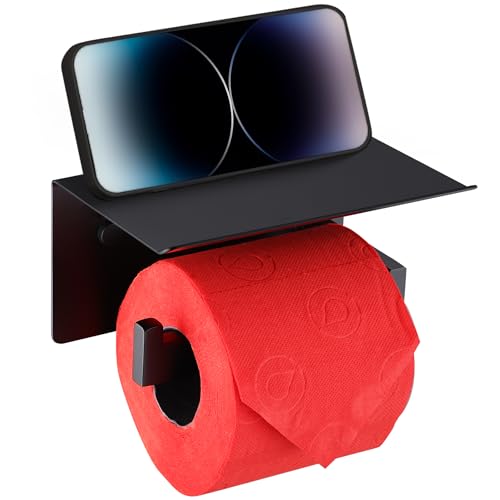 LANC Black Toilet Paper Holder with Shelf, Adhesive or Screw Toilet Paper Roll Holder with Phone Shelf for Bathroom Kitchen Wall Mounted, Stainless Steel TP Holder,Matte Black Left, A8367MB-LF - color: Matte Black, size: Left Hand(With Shelf)