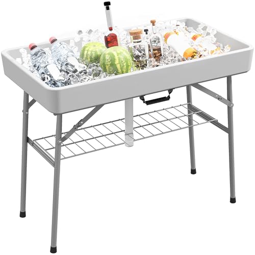 Outsunny 3.4ft Folding Ice Cooler Table with Drain, Fill and Chill, Outdoor with Storage Shelf, Drink Cooler for Parties Picnic BBQ Camping Wedding, White