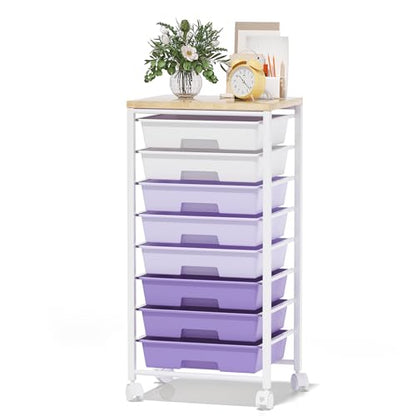 Rolling Cart with 8 Drawers, Storage Drawers Cart with Wooden Tabletop and Lockable Wheels, Craft Storage for Living Room, Office, Classroom, Craft Room, Bedroom (Purple) - color: Purple