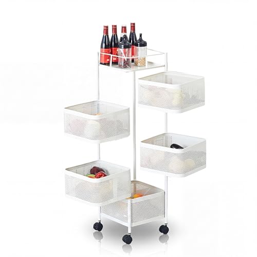 GarveeHome Rolling Storage Cart, 5 Tier Metal Mesh Rolling Cart Organizer with Top Lid, Rotating Kitchen Storage Cart, Organizador De Frutas y Verduras for Fruit Vegetable Grocery Storage, Black - color: White