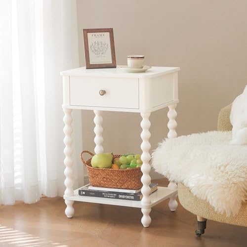 AWASEN White Nightstand, Small Side Table with Drawer for Living Room, Farmhouse End Bedside Table with Spindle Wood Legs for Bedroom, Office, White - color: White
