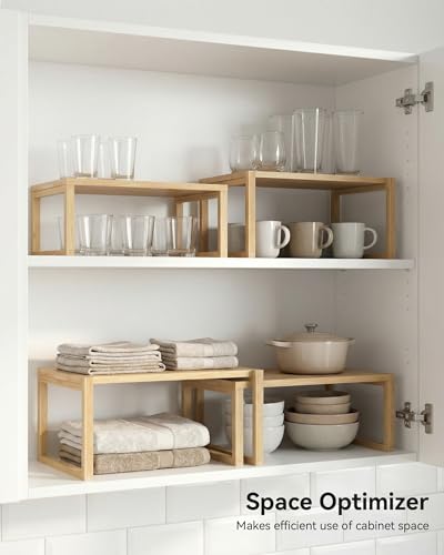 Bamboo Cabinet Organizer Shelf 2 Pack,Kitchen Shelf Organizer | Stackable Wood Spice Rack Storage for Kitchen and Bathroom Cabinet, Pantry & Countertop Nestable