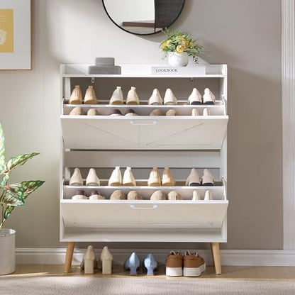 LEYAOYAO Shoe Cabinet Storage for Entryway with 2 Flip Drawers Rack Narrow Organizer Slim Hidden Wood Shoe Cabinet Furniture White - color: White
