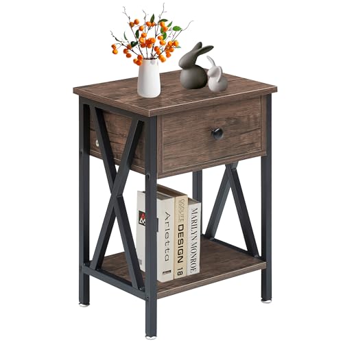 VECELO Nightstand,Modern Bedside End Table, Night Stand with Drawer and Storage Shelf for Living Room Bedroom, Industrial Metal Frame - color: Grey, size: Set of 1