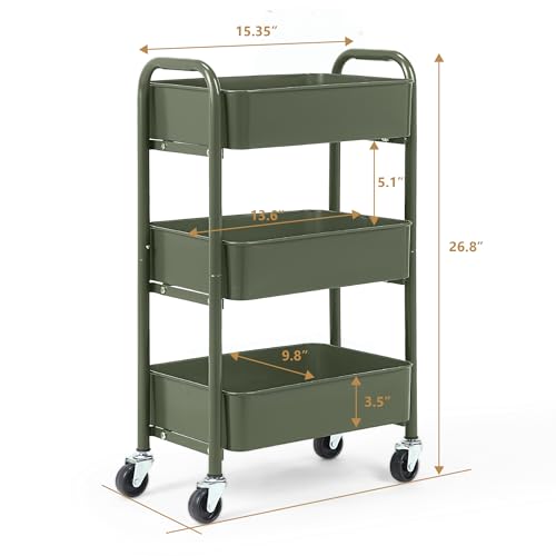 SunnyPoint 3-Tier Delicate Compact Rolling Metal Storage Organizer - Mobile Utility Cart Kitchen/Under Desk Cart with Caster Wheels - Army (15.35" X 10.24" X 26.8"H) - color: Army