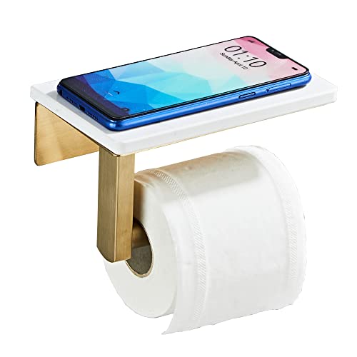 Brushed Gold Toilet Paper Holder with Shelf, 304 Stainless Steel Screw Wall Mounted, Marble Tissue Roll Holder with Storage - color: Brushed Gold