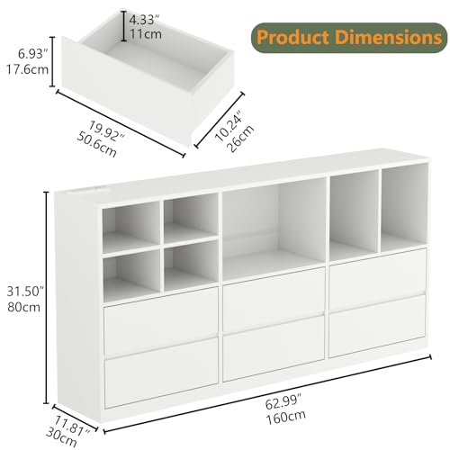 TV Stand with 6 Drawers & 7 Storage Cubbies, LED Lights Entertainment Center with Power Outlet, 63" TV Cabinet with Adjustable Open Storage Shelf, Modern TV Media Console for Living Room (White) - color: White