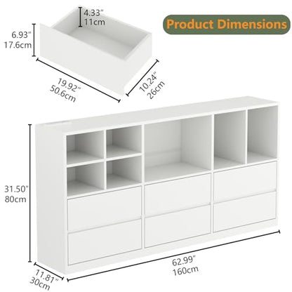 TV Stand with 6 Drawers & 7 Storage Cubbies, LED Lights Entertainment Center with Power Outlet, 63" TV Cabinet with Adjustable Open Storage Shelf, Modern TV Media Console for Living Room (White) - color: White