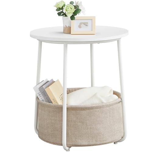 VASAGLE LILEA Collection - Small Round Side End Table, Modern Nightstand with Fabric Basket, Matte White and Camel Brown ULET223W10
